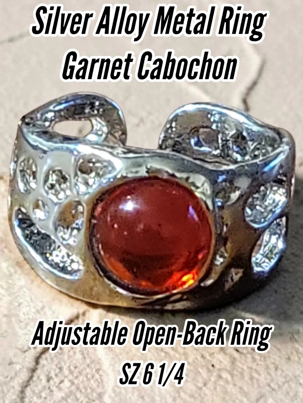 NWT Jewelery Alloy Metal Sz 6 1/4 Ring Gothic Adj Open-Back Cuff Garnet Cabochon